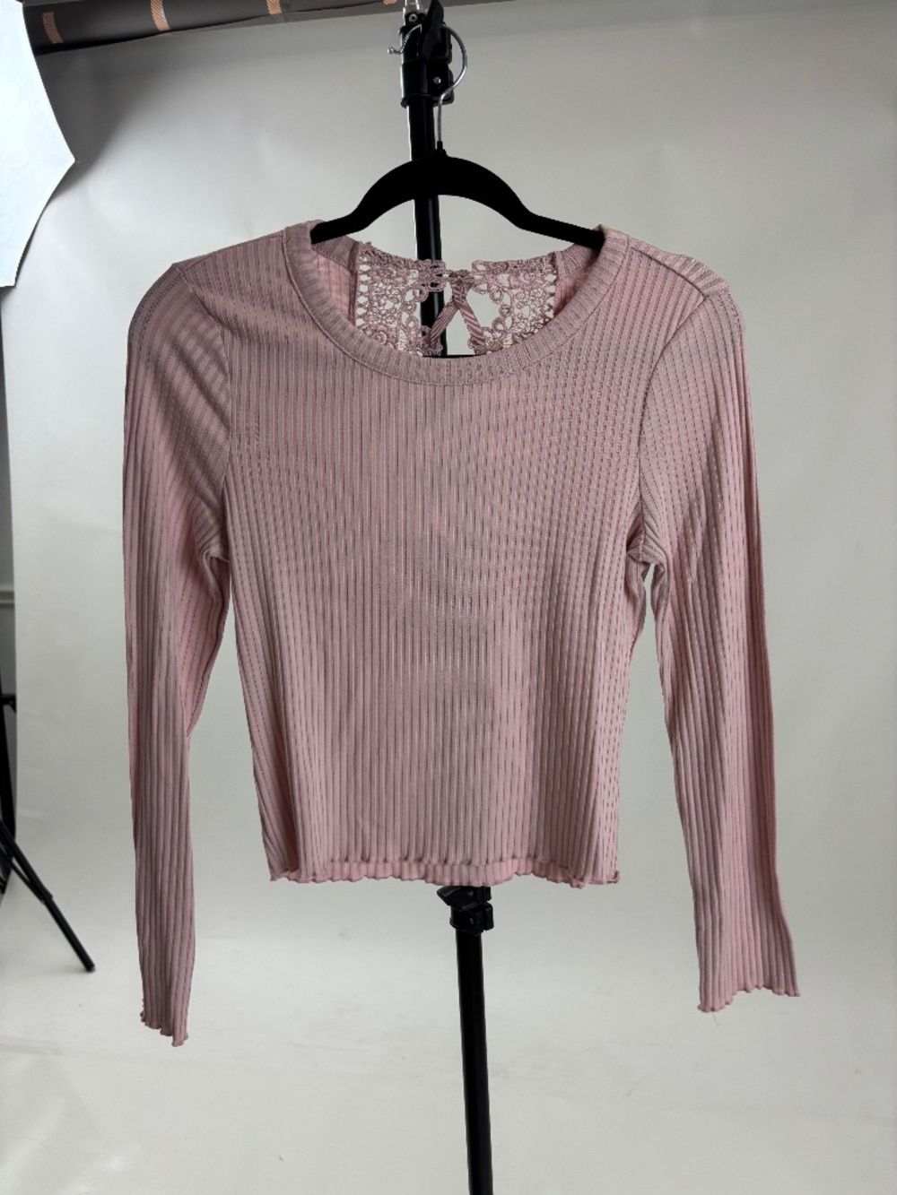 American Rag Ribbed knit long sleeve top with decorative lace-up back